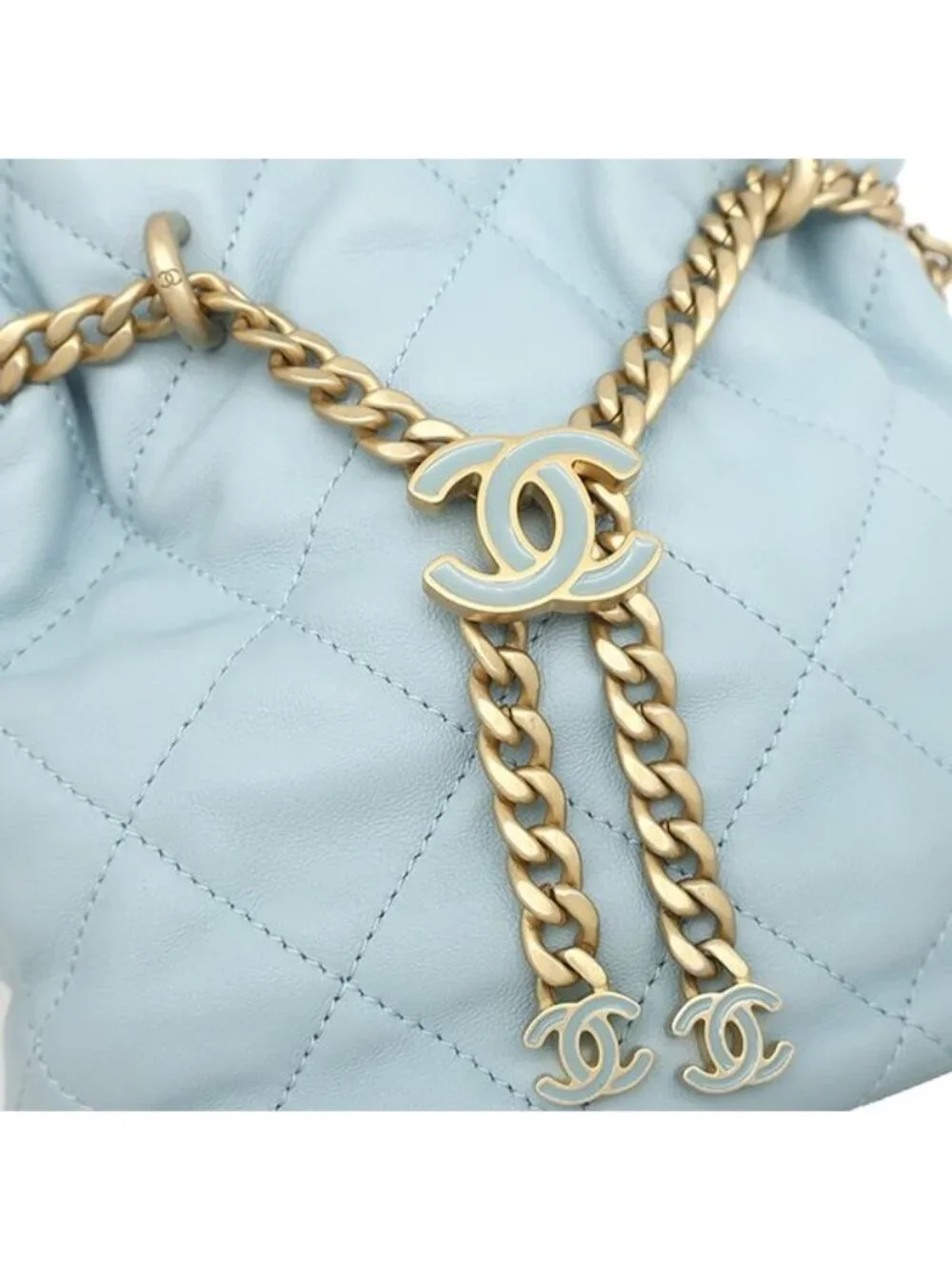 Chanel 2-Way Quilted Mini Bucket Bag Lambskin Light Blue Gold